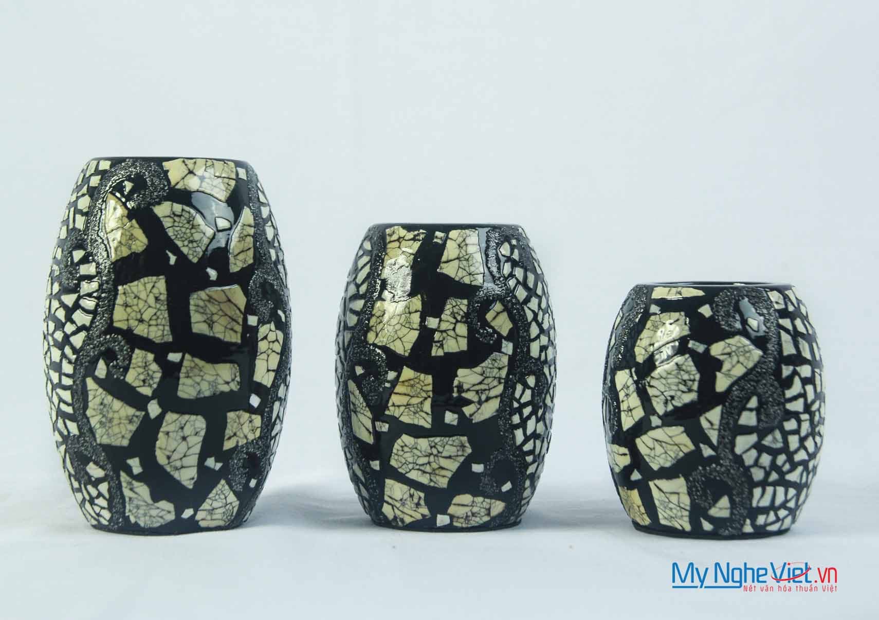 Set of Three Handcrafted Lacquered Candle Holders | Exquisite Eggshell Inlay